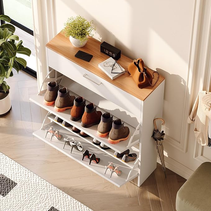 VINGLI Set of 2 Shoe Cabinet for Entryway, 2-Pack 31.5" W Extra Wide Slim Shoe Organizer with 2 Flip & 1 Drop-Down Drawers, Modern White Shoes Rack with Oak Top, Narrow Cabinet for Hallway - Image 10
