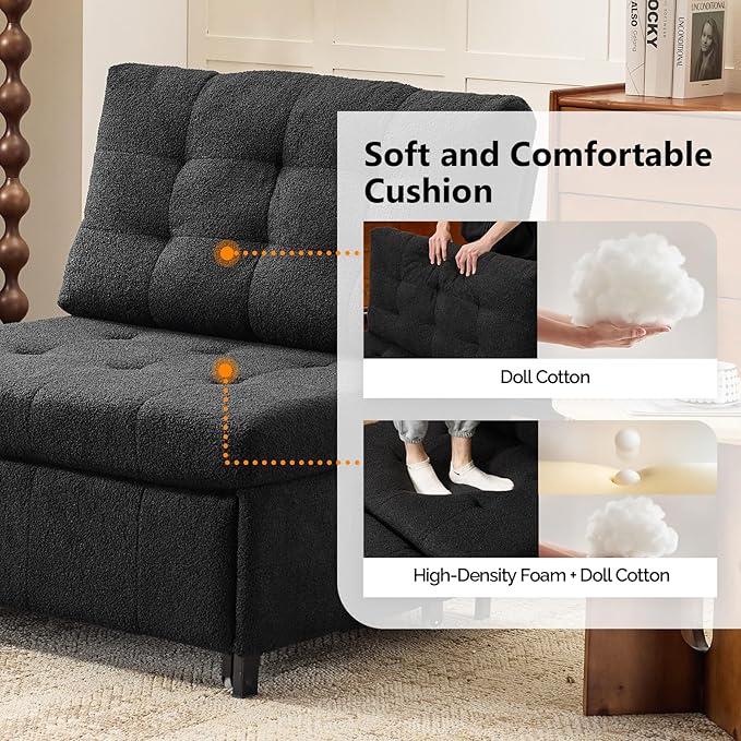 VINGLI Convertible Sofa Bed Tufted Teddy Fleece Sleeper Chair Bed Couch Armless Living Room Chairs with Adjustable Backrest Pull Out Couch Bed for Small Spaces