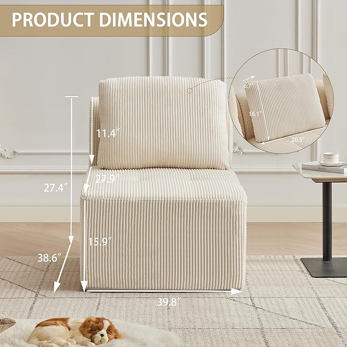 Modular Sectional Sofa with Movable Ottoman, Seat Deep Seat Couch with Pillows, Comfy Cloud Sectional Sofa for Living Room, Bedroom and Apartment (White, 1 Middle)