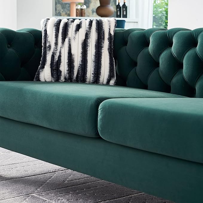 KEIKI 84" Chesterfield Velvet Tufted Button Sofa with Removable Cushions and 2 Toss Pillows, Modern 3-Seater Couch with 4 Gold Metal Legs, Easy Assembly, for Living Room, Bedroom, Apartment, Green