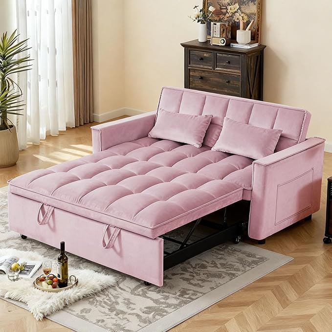Convertible Sofa Bed, Pull Out Couch with Side Pockets, 3 in 1 Velvet Fabric Loveseat Sleeper Sofa Bed, Pull Out Couch with Adjustable Backrest for Living Room, Bedroom, Apartment, Pink