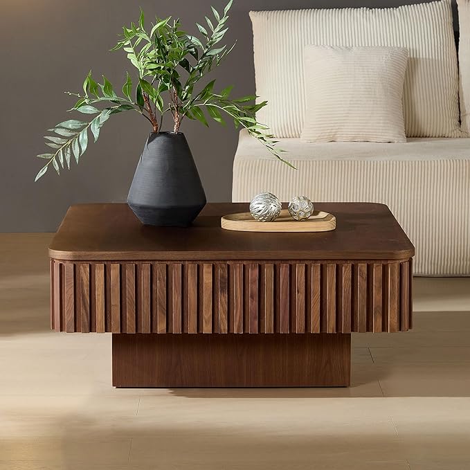 WILLIAMSPACE 35.43" Lift Top Coffee Table with Hidden Storage & Sturdy Base, Modern Luxury Square Wood Handcraft Drum Center Table Accent End Tea Table for Living Room, Minimalist Fluted Design-Walnut
