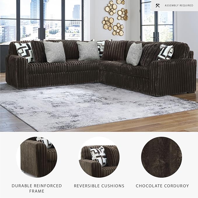 Signature Design by Ashley Midnight-Madness Casual L-Shaped Anti Sag 3-Piece Sectional with Reversible Seat Cushions and 9 Accent Pillows, Dark Brown