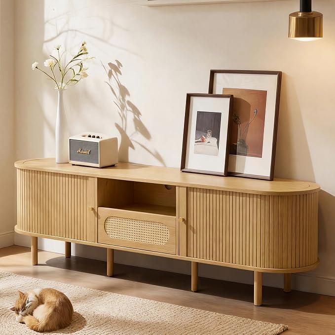 70'' Tambour TV Stand with Power Outlet for TVs up to 80 in,Mid-Century Modern TV Entertainment with 3 Cable Management Holes,Rattan Drawer & Fluted Sliding Doors,Media Console with Solid Wood Legs by Kislot