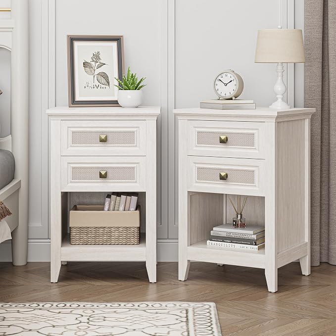 RoyalCraft Rattan Nightstand Set of 2, Boho Bedside Table with 2 Rattan Decor Drawers, Wood Accent End Table with Open Storage Shelf for Bedroom, Home Office, Grayish White by Bringyoubetterlife