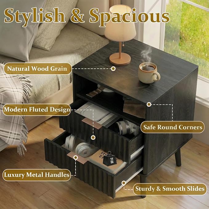 Night Stand Table with 2 Drawers, Nightstand Fluted Wood Bedroom Bed Side Table Living Room End Table with Open Storage Layer, Mid-Century Modern Black Nightstand Wooden Bedside Table, 1 Pc - Image 3