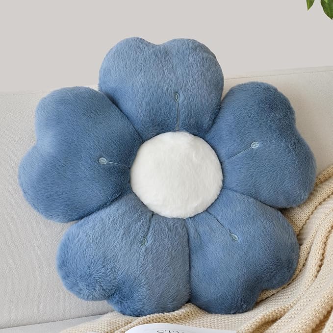 Flower Shaped Pillow, Cute Decorative Throw Pillows with Soft Rabbit Fur for Couch Bed Chair Floor, Christmas Pillow Seating Cushions with Room Décor for Bedroom Living Room(19.6 Inches, Grey Blue)
