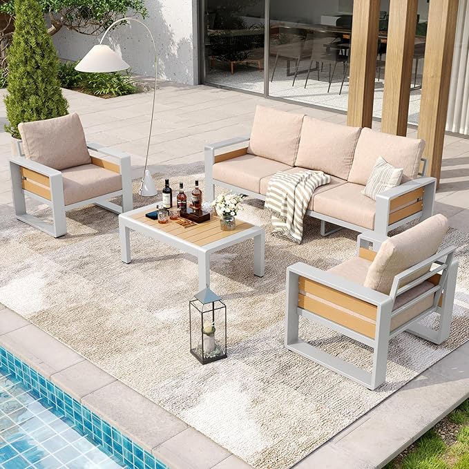Aoxun Aluminum Patio Furniture Set, 5 Seats Luxury Outdoor Sectional with 6" Olefin Fabric Cushions, Patio Conversation Sets with Coffee Table Outdoor Sofas for Backyard, Deck, Porch Beige