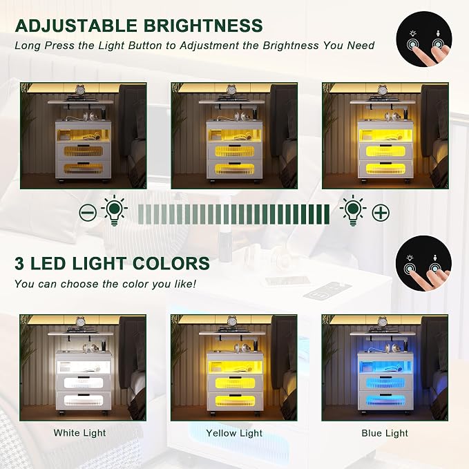 HNEBC LED Nightstand Set of 2 with Charging Station & Adjustable Overbed Desk, 3 Color LED Lights & Body Sensor, Mobile Bedside Table with Wheels, 2 Drawers & Open Shelf for Bedroom(White) - Image 6