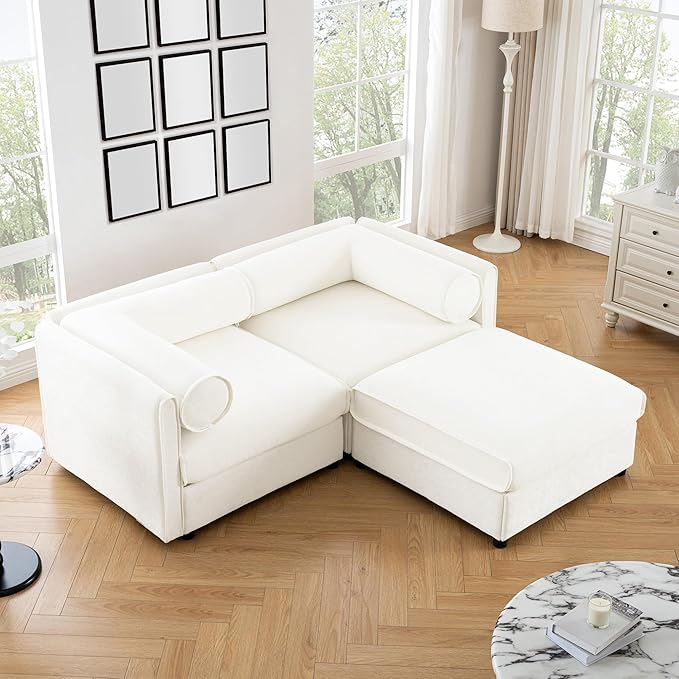 KEIKI 76" Modular Loveseat Chenille Sectional Sofa with Storage Seat and 1 Ottoman, Modern Style 2-Seater Couch with Cylindrical Backrest and Armrests, Easy Assembly, for Apartment, Living Room, White