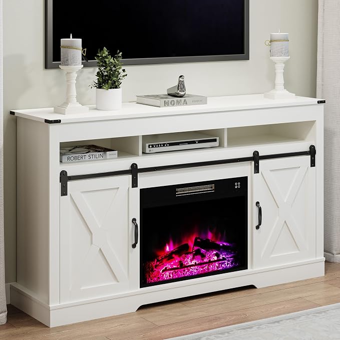 RoyalCraft Farmhouse Fireplace TV Stand for 65+ Inch TV, Entertainment Center with 23" Electric Fireplace with Remote, 34" Tall Modern Rustic TV Console with Sliding Bar Door for Living Room, White by Bringyoubetterlife