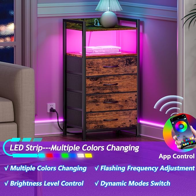 Furnulem Night Stand with Charging Station and Led Light, 4 Drawer Dresser for Bedroom, Small Nightstand Bedside Table, Fabric Bins, Metal Frame, Wood Shelf, Side Furniture(Rustic Brown) - Image 5