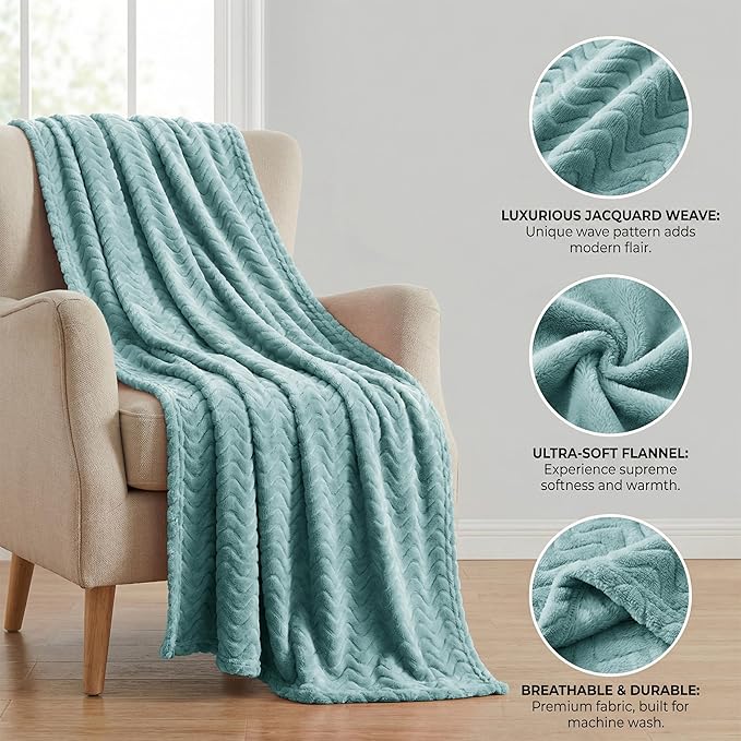 Exclusivo Mezcla Fleece Throw Blanket for Couch, Cozy Lightweight Blankets for All Season, Decorative Giftable Fuzzy Plush Wave Textured Throws for Women, Men, Celadon, 50x70 Inches