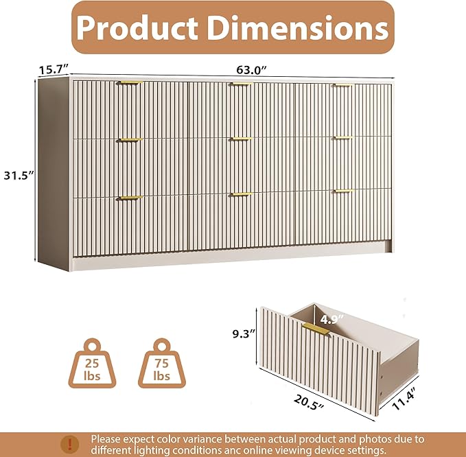 MAISONARIA 3-Piece Dresser Bedroom Set, 9 Drawer Dresser & 3 Drawer Nightstands with Gold Handles, Fluted Wood Chest of Drawers for Bedroom, Living Room, Entryway, Beige