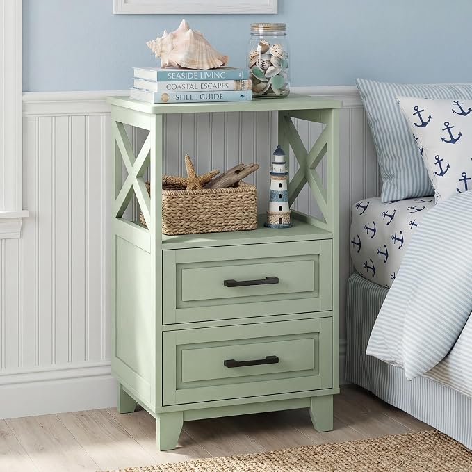 May in Color White Nightstand, Tall Bedside Table, Farmhouse Side Table with Storage Drawers and Open Shelf, Wooden Rustic End Table Cabinet for Bedroom, Home Office, Green by MayinColor