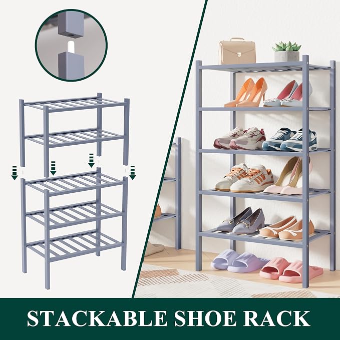 Smiry Bamboo Shoe Rack for Closet, 6 Tier Small Wooden Stackable Shoe Organizer, Free Standing Shoes Storage Shelf for Entryway, Front Door Entrance, Grey - Image 3