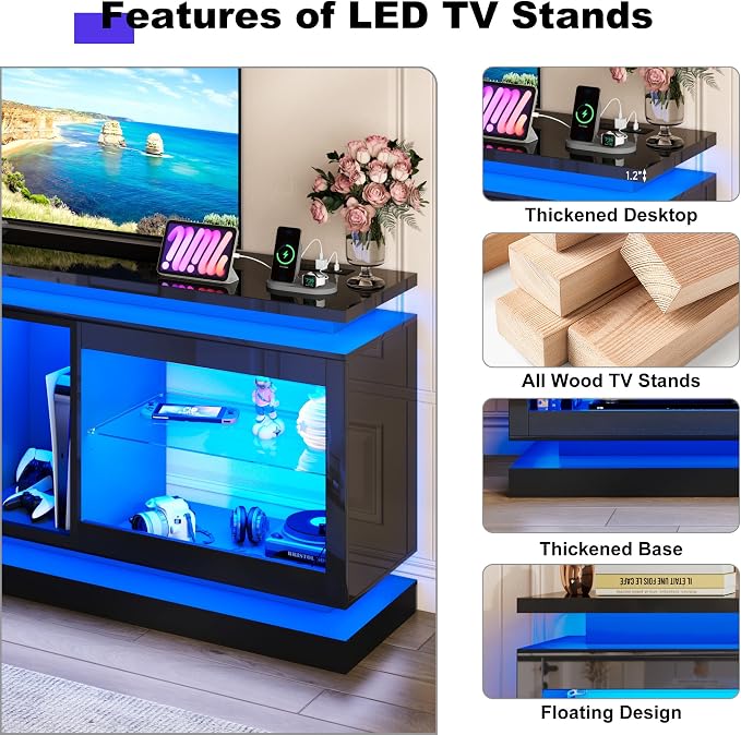70" TV Stand W/LED Lights&Power Outlets,High Gloss Entertainment Center W/Color-Changing RGB LED Strip/Sound Sync,App/Remote Control For 70 80IN TV,Media Console Table for Home Living Room(Black) - Image 8