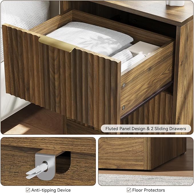 9 Drawer Dresser & Nightstand Set 3-Piece, 63” Wide Walnut Bedroom Dresser and Night Stand Set of 2, Fluted Modern Wood Chest of Drawers Storage Dressers Set for Bedroom, Walnut