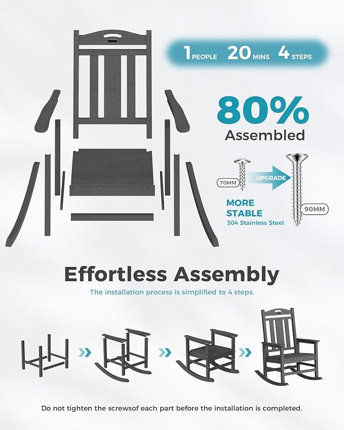 Ciokea Oversized Outdoor Rocking Chairs Set of 6, 380lbs Heavy-Duty Large Patio Rocker, High Back Cozy Porch Chairs, Weather Resistant Patio Rocking Chairs for Outside, Fire Pit, Deck, Dark Grey - Image 8