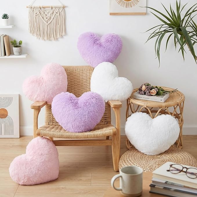Liliful 6 Pcs Faux Rabbit Fur Heart Pillows Fluffy Heart Throw Pillows Cute Couch Cushion Soft Decorative Throw Cushion for Bed Sofa Girls Women(12 x 11 Inch,Stylish Color)