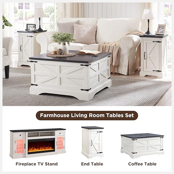 JXQTLINGMU 36" Farmhouse Lift Top Coffee Table with Storage, Wood Square Center Table with Large Hidden Compartment, Rustic Lift Tabletop Dining Table for Home Living Room, White