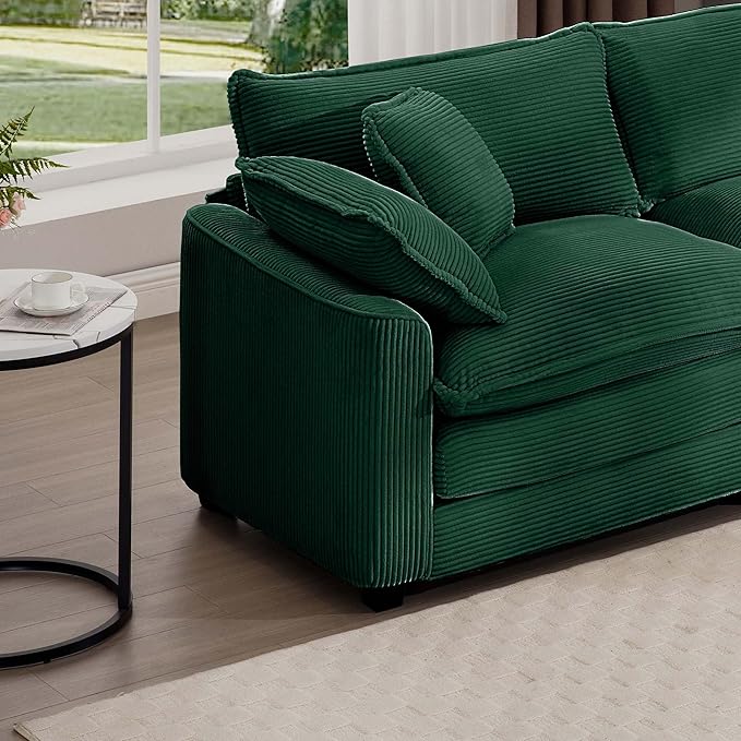 KEIKI 80" Oversized Corduroy Modular Sectional Loveseat Sofa with 2 Ottoman, High-Density Foam Cushions, Removable Armrests, Upholstered 2-Seater Corner Couch with 4 Pillow, for Living Room, Green