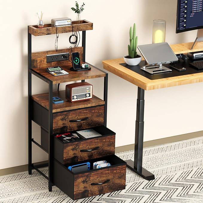 SZLHANJZ Night Stand, Nightstand with Charging Station, 3 Drawers Night Stand with Storage and LED Lights, 3 Shelves and Hooks, End Side Table for Bedroom, Rustic Brown - Image 4