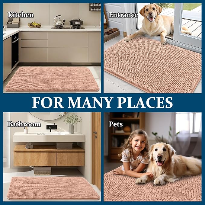 OLANLY Dog Door Mat for Muddy Paws 47x32, Absorbs Moisture and Dirt, Absorbent Non-Slip Washable Doormat, Quick Dry Chenille Mud Mat for Dogs, Entry Indoor Entryway Carpet for Inside Floor, Peach - Image 8
