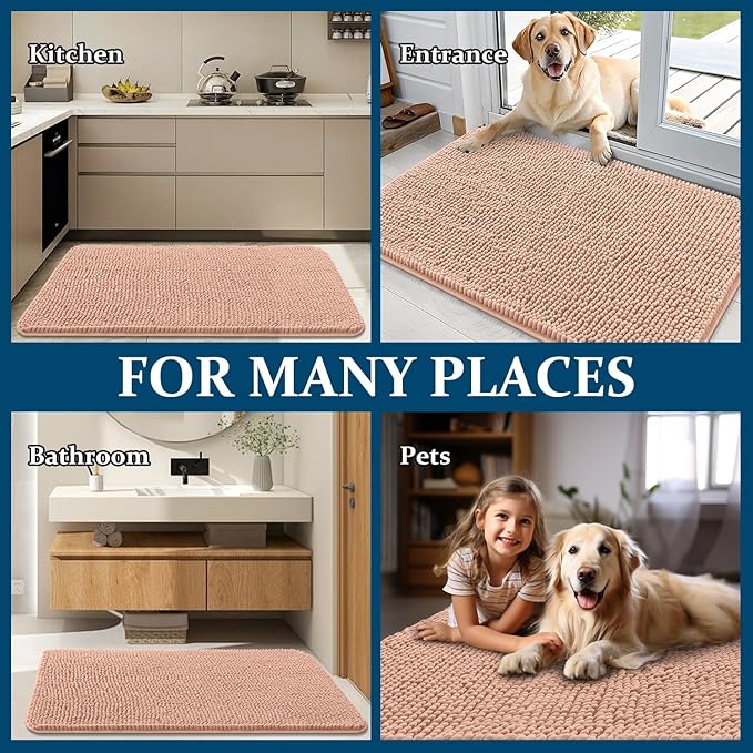 OLANLY Dog Door Mat for Muddy Paws 70x32, Absorbs Moisture and Dirt, Absorbent Non-Slip Washable Doormat, Quick Dry Chenille Mud Mat for Dogs, Entry Indoor Entryway Carpet for Inside Floor, Peach - Image 8