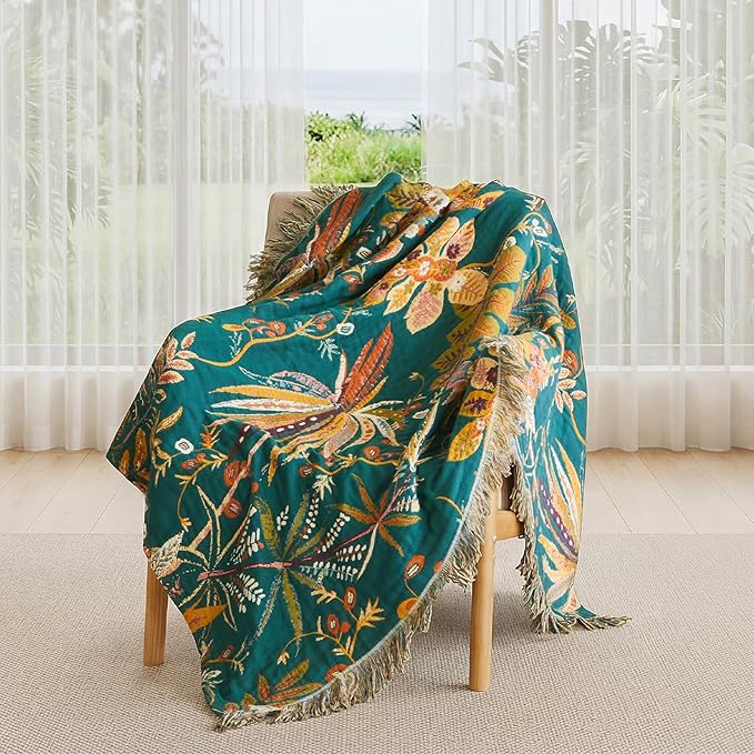 Boho Throw Blanket - 50"x60" Soft Cotton Throw Blanket Muslin Blankets for Bed, Reversible Lightweight Spring Blanket with Floral Printed, All Season Farmhouse Decor Rustic Blanket