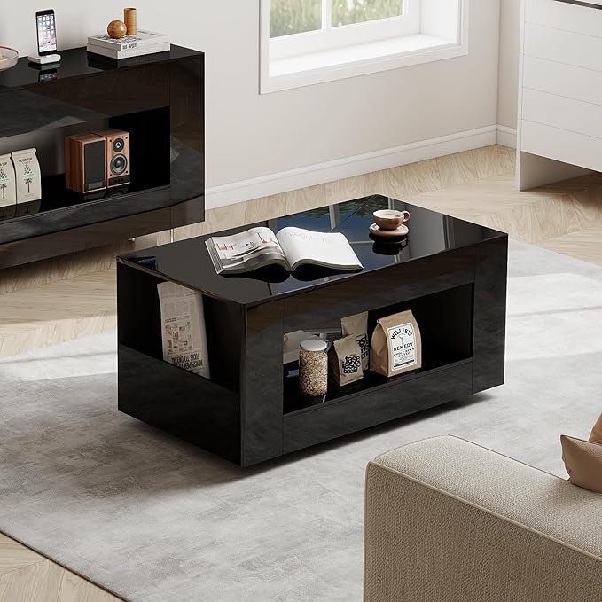 39" High Gloss Wood Coffee Table for Living Room, Sides Storage with Transparent Legs, Modern 2-Tier Storage Shelf Center Table for Home Office, Apartment, Black