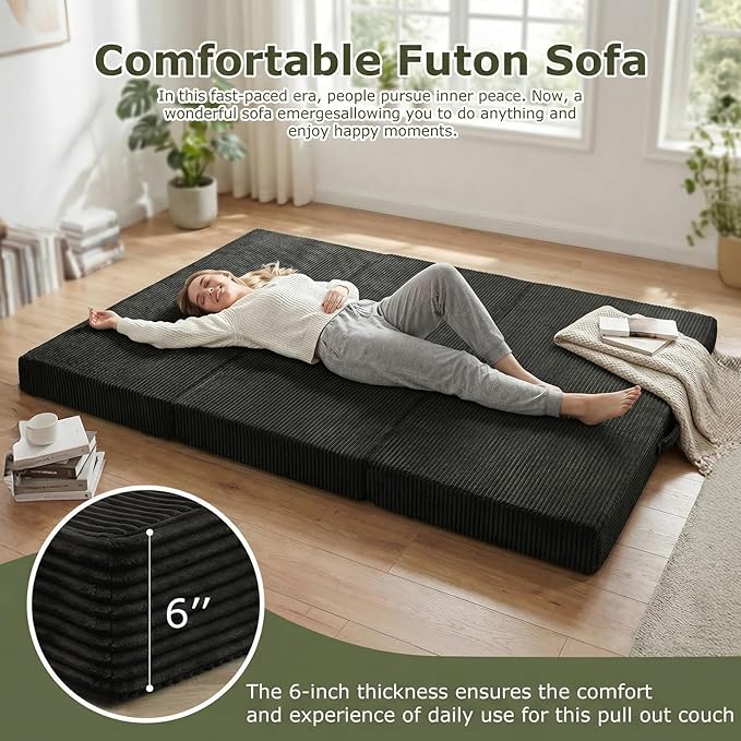 5-in-1 Convertible Sofa Bed, Boneless Loveseat Sleeper with Removable Cushions & Washable Cover, Futon Sofa Bed with Handle, Pull Out Couch for Small Spaces, Queen Size, Black