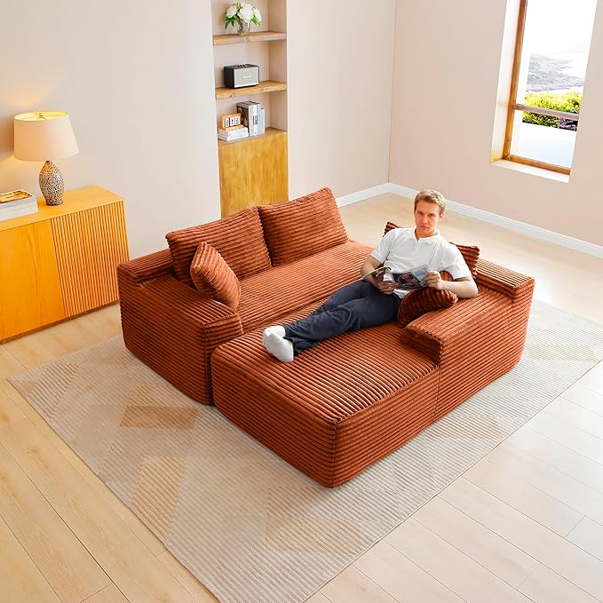 105-Inch L-Shaped Right Facing Corner Compressed Sofa Modular Sectional Boneless Cloud Sofa Floor Foam Couch with Chaise Lounge, Corduroy Corner Boneless Cloud Couch