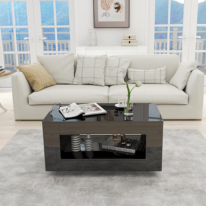 High Gloss Wood Coffee Table for Living Room, Sides Storage with Transparent Legs, Modern 2-Tier Storage Shelf Center Table for Home Office, Apartment, Black