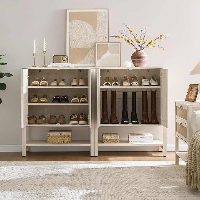 SICOTAS Shoe Cabinet with Storage - 3 Pieces Farmhouse Shoe Organizer with Rattan Doors & Shelves, 5 Tier Free Standing Shoe Rack Storage Cabinet for Entryway, Living Room, Closet (White Cream Oak) - Image 8