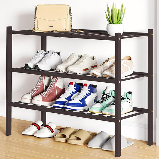 Smiry Shoe Rack, 3 Tier Bamboo Shoe Organizer, Stackable Free Standing Wooden Shoe Storage Shelf for Closet, Entryway, Front Door Entrance, Brown by Smiry