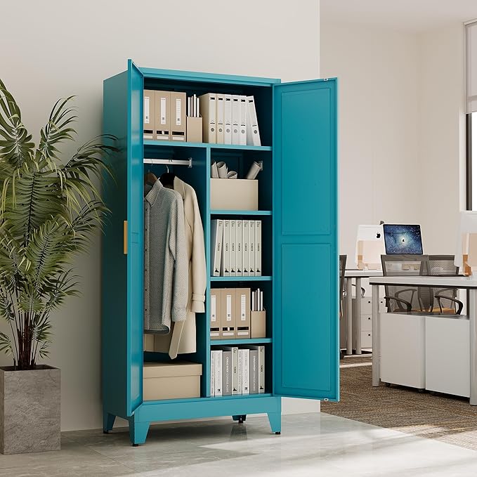 71" Tall Metal Armoire Wardrobe Closet, Clothing Storage Cabinet, Freestanding Wardrobe Cabinet with 4 Adjustable Shelves for Bedroom, Office, Garage