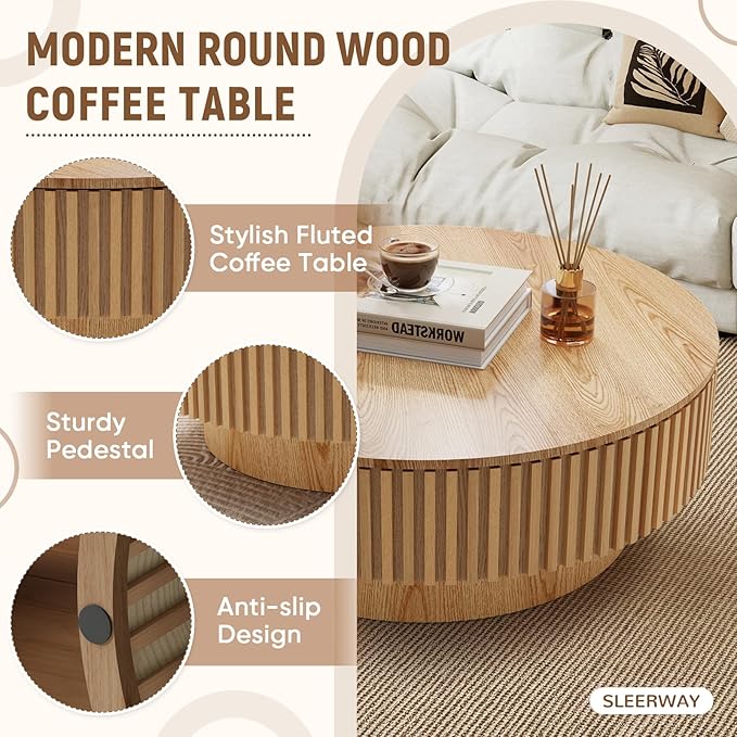 39.37'' Round Coffee Table with Storage, Modern Wooden Fluted Circle Coffee Table Oak Unique Drum Center Table Wood Circular Tea Table for Living Room, Office, Small Apartment, Natural Wood