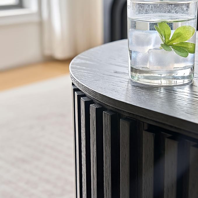 Oval Coffee Table with Storage Pedestal 51.18" Wooden Fluted Coffee Table with Drawer for Living Room Modern Handcrafted Centre Table Easy Assembly Black