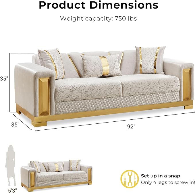 Furniture of America Samison II Glam 2-Piece Solid Wood Upholstered Sofa Set with Accent Pillows, Damask Pattern and Gold Base, Comfortable Couch and Loveseat for Living Room, Bedroom, Office, Beige
