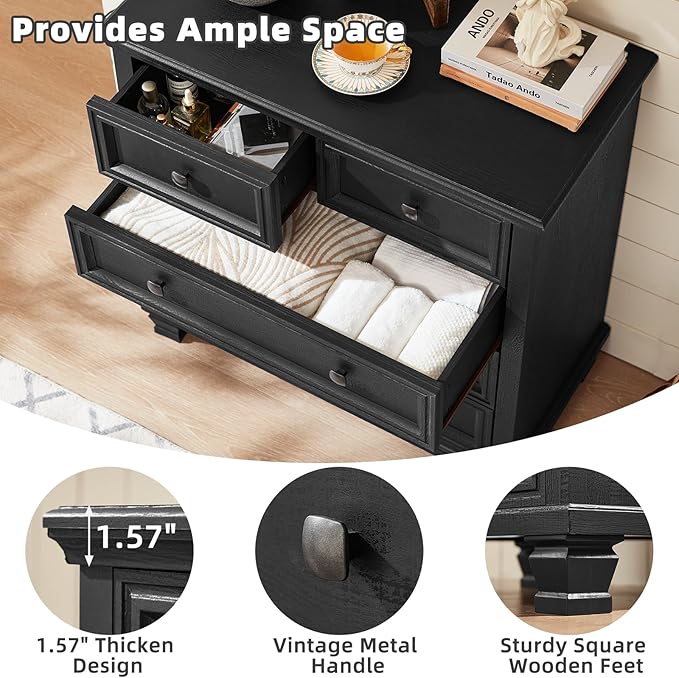 SAVOR LIFE Farmhouse Dresser and Nightstand Sets of 3, 6/5 Drawer Dresser & 2 Drawer Nightstand, Rustic Black Bedroom Furniture Set for Home, Bedroom, Hallway, Black