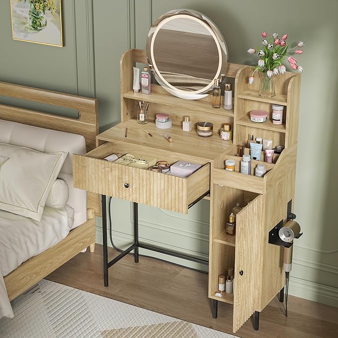 Women Bedroom Furniture Set of 2 Fluted Dresser and Makeup Vanity Desk with Charging Station Wood Dressing Table with 3 Lighting Modes and Accent Fluted Drawer Dresser for Women's Bedroom