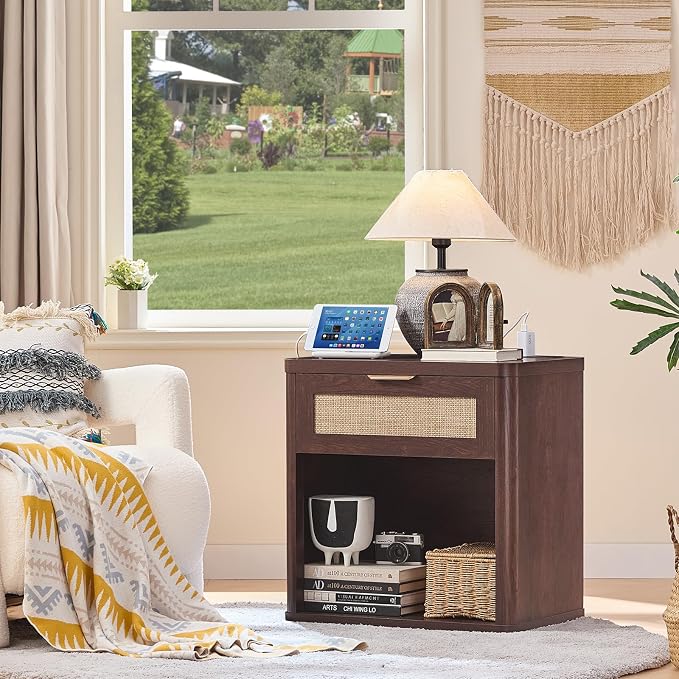 LEYAOYAO Rattan Nightstands Set of 2 with Charging Station, Walnut Night Stand with Drawer, 23" Wide Boho Bedside Table with Storage Shelf, Bed Side End Tables for Bedroom, Living Room, Hallway - Image 7