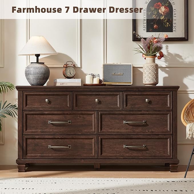 SAVOR LIFE Farmhouse Dresser and Nightstand Sets 3 Piece, 5/7 Drawer Dresser & 2 Drawer Nightstand Set, Rustic Wood Bedroom Furniture Set for Home, Bedroom, Hallway, Walnut