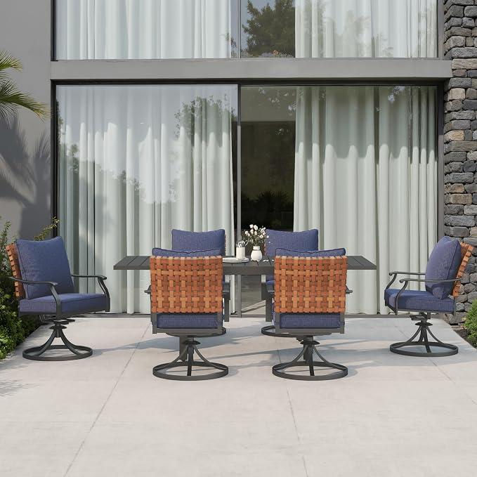 Grand patio 7-Piece Outdoor Dining Set, 6 Leather-Look Wicker Blue Swivel Patio Chairs & 1 Expandable Dining Table, Black - Image 2