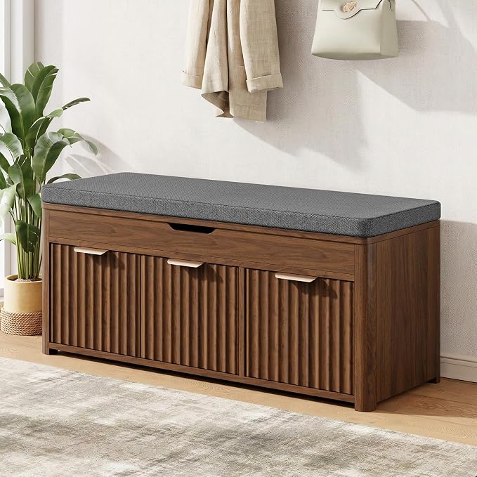 Shoe Bench with Storage - Lift Top Entryway Bench with Hidden Storage, Shoe Rack with Adjustable Shelves and Cushioned Seat, Wooden End of Bed Bench for Bedroom, Living Room and Hallway,Walnut by LOOMORA