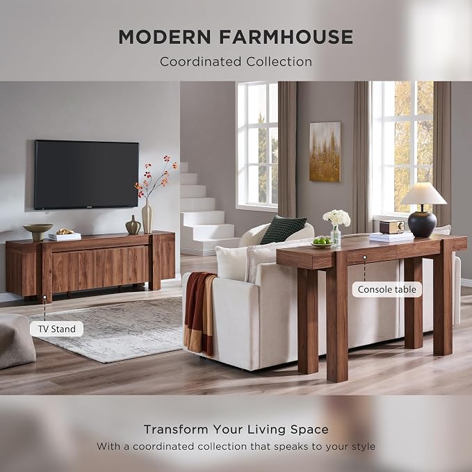 OKD Modern Farmhouse TV Stand, 70" Long Media Console Table with Storage Cabinet, Wooden Entertainment Center for Living Room, Walnut - Image 6