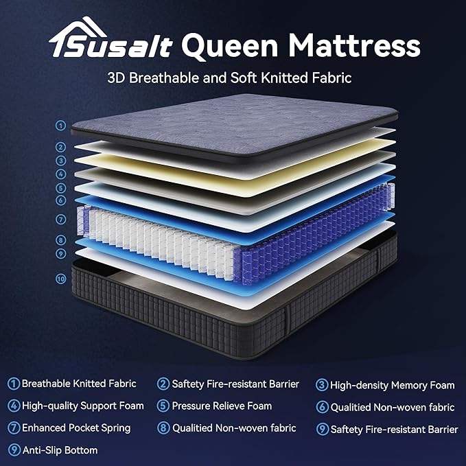 Susalt Queen Mattress, 10 Inch Hybrid Mattress in a Box, Gel Memory Foam, Medium Firm, Edge Support, Motion Isolation, Pressure Relief, Zoned Support Spring, CertiPUR-US Certified, Black & Gray