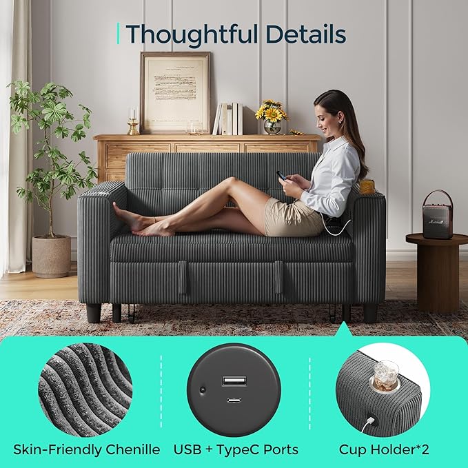 LINSY Sleeper Sofa Bed, 54" Pull Out Couch with Charging Station & Cup Holder, Small 3 in 1 Convertible Loveseat Sleeper Couch for Apartment, Dorm Room, Bedroom and Small Space, Corduroy Gray