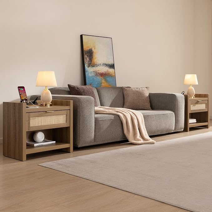 SICOTAS Night Stand Set of 2 Nightstands - Rattan Bed Side Table with Drawer Storage,Type-C Charging Station End Table - Boho Bedside Night Stands for Bedroom - Natural Oak - Image 5